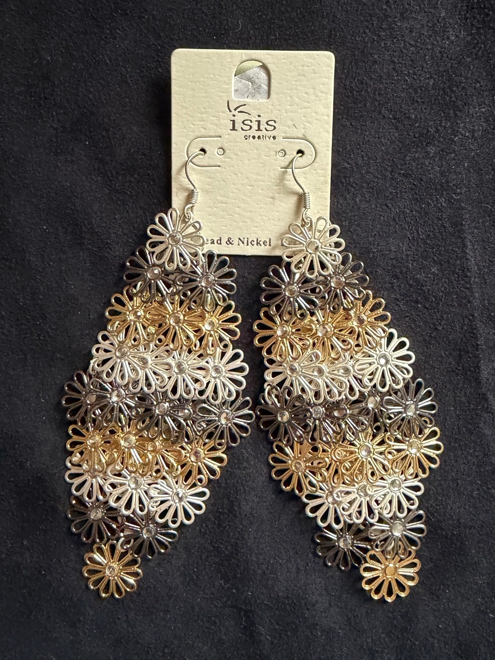 Layered Sunflower Dangle Earrings 4” Gold Silver Mixed Metal Floral Statement - Picture 3 of 4